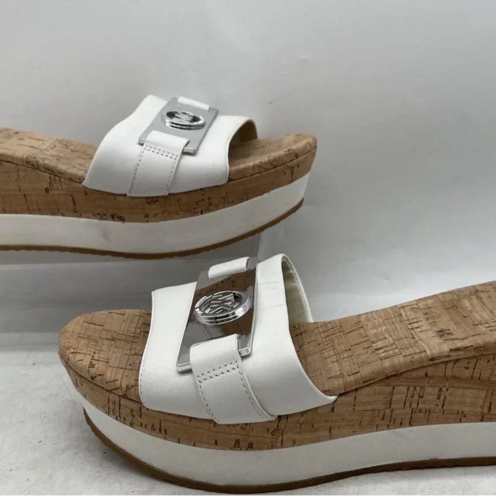 Michael Kors Warren White Open Toe Cork Wedge Platform Slides Size 9 M Sandals